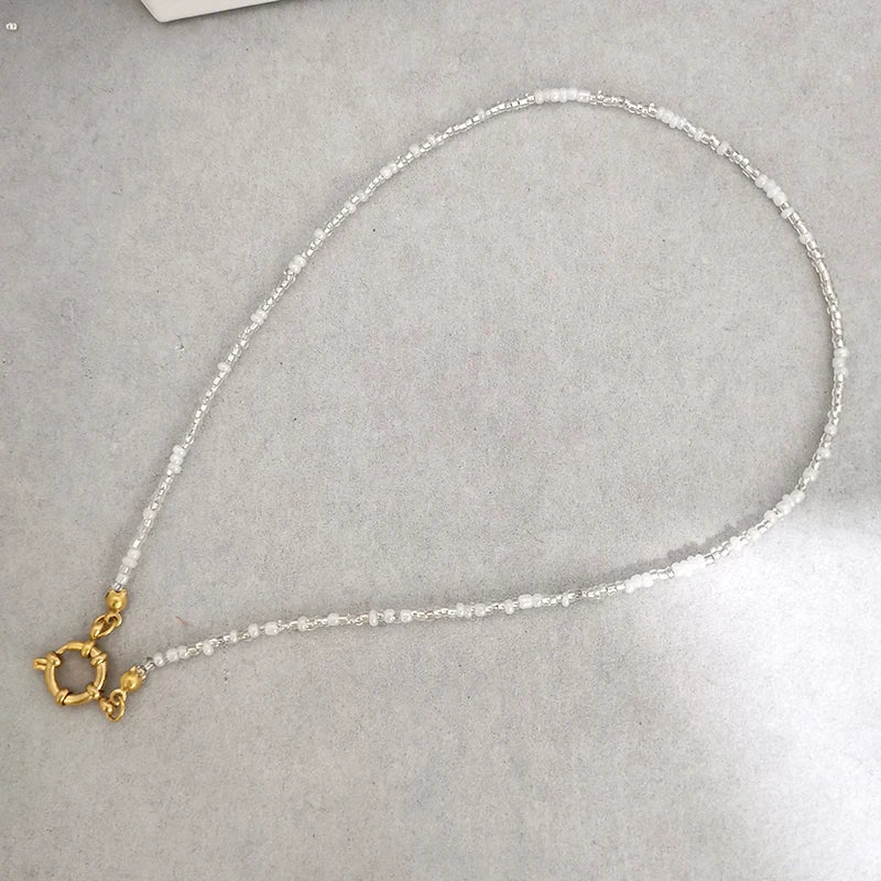 Imitation Pearl Necklace Women Choker Rainbow Beaded Chain Gold Steel Clasp