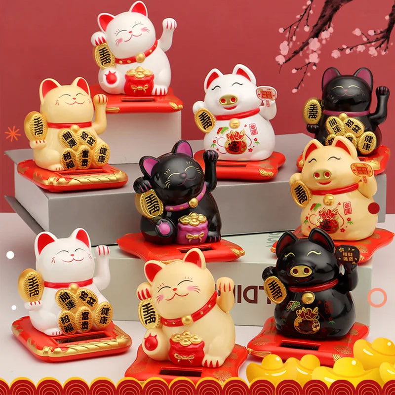 Lucky Cat Solar-Powered Desk Ornament - Cute Home & Car Decoration, Durable Plastic