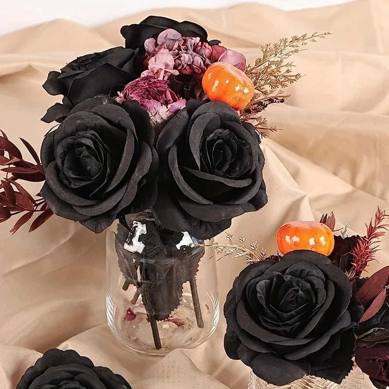 Artificial Black Roses Fake Flowers Long Stem Set for Halloween Wedding Home Decor