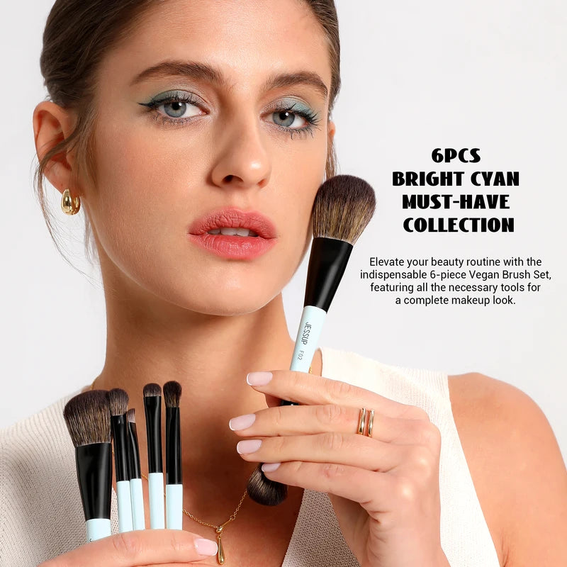 Jessup 6pcs Double Sided Makeup Brush Set - Foundation, Blush, Eyeshadow & Eyebrow Tools