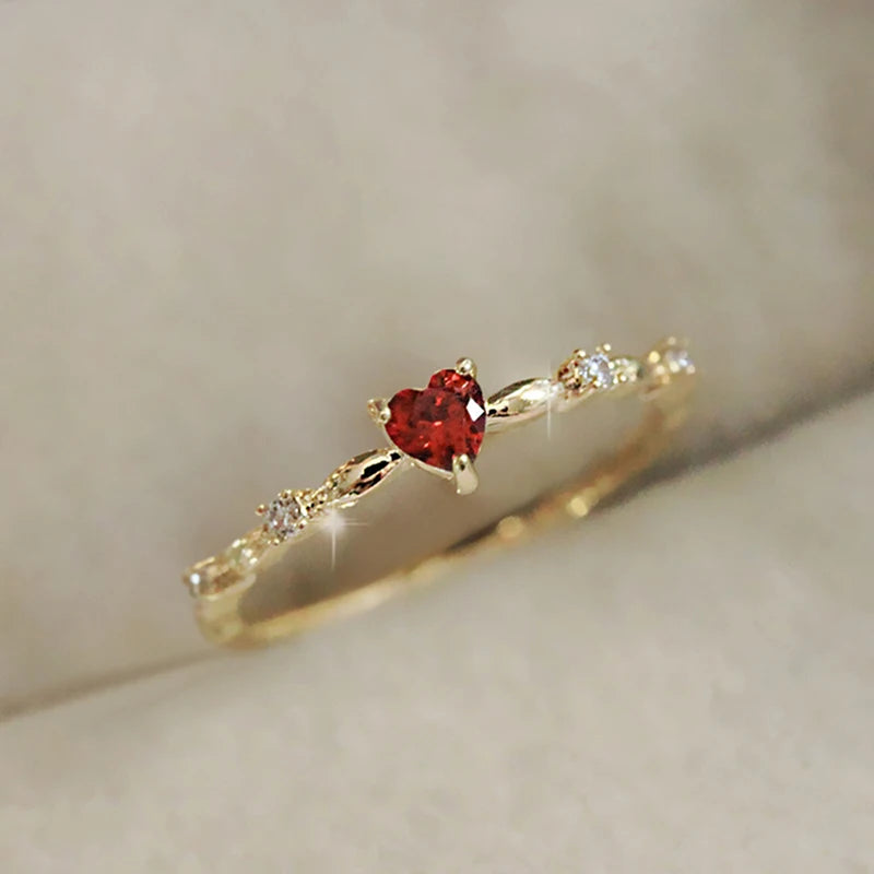 Red Love CZ Engagement Ring for Women Thin Band Aesthetic Jewelry Gift