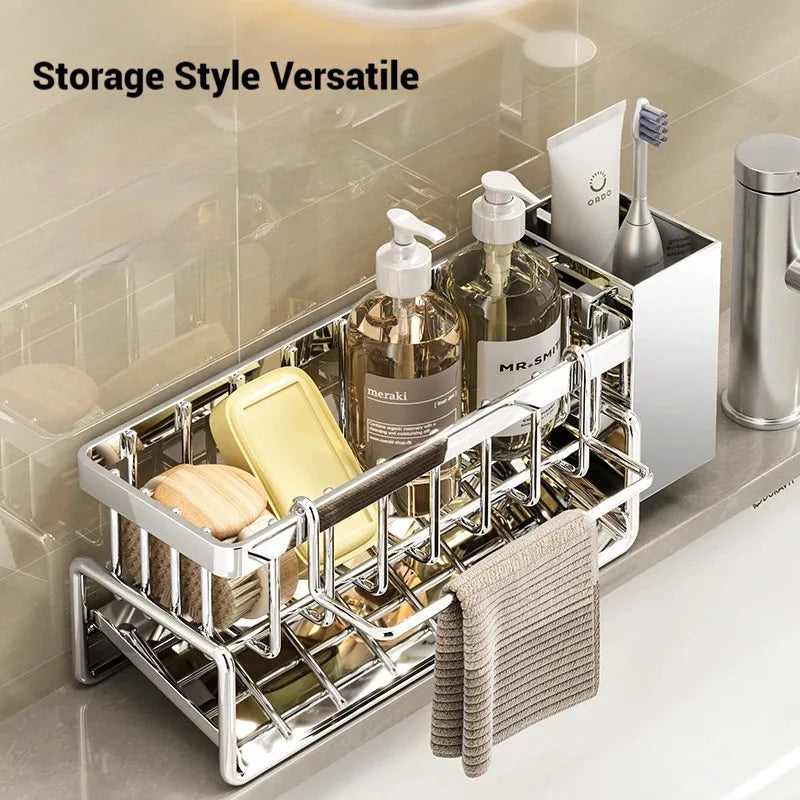 Multi-Functional Stainless Steel Sink Organizer with Sponge Soap Towel Rack