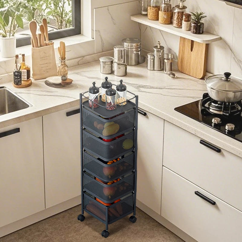 Rotating Kitchen Storage Rack - 5-Tier Multi-Layer Removable Basket Organizer on Rolling Wheels