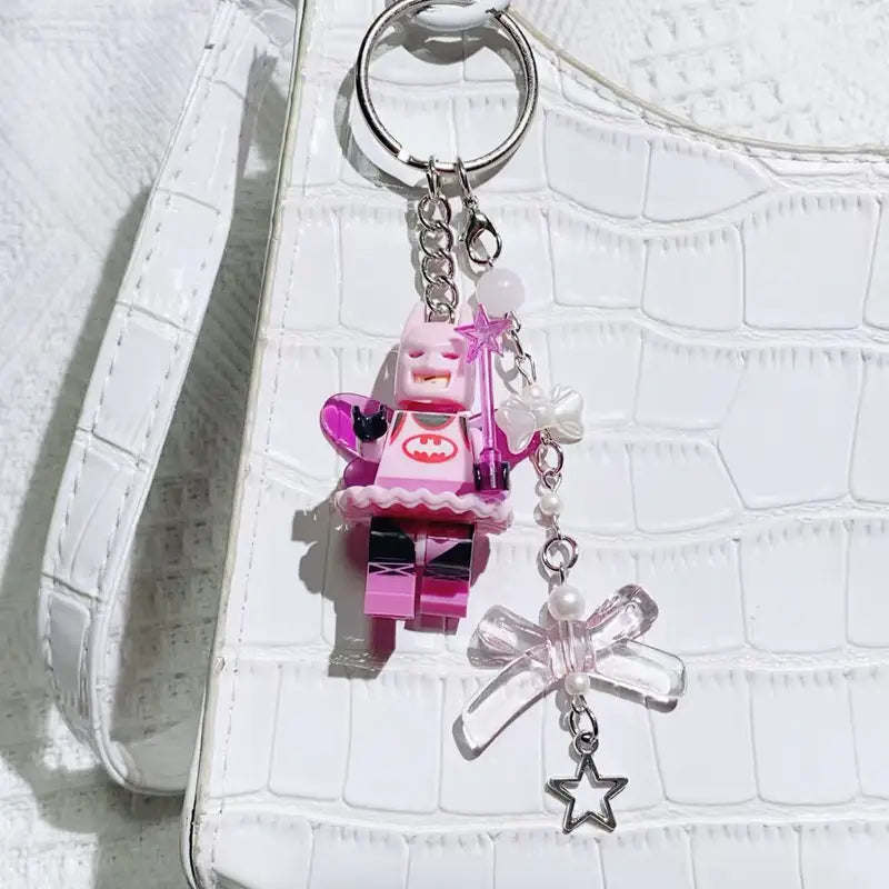 Cute Pink Fairy Batman Building Block Keychain Charms for Couples & Friends