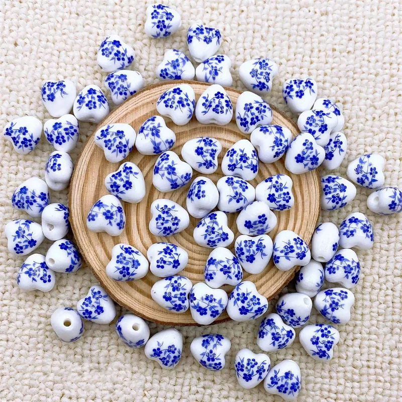 Ceramic Heart Shape Flower Pattern Beads for Jewelry Making 12mm 10pcs