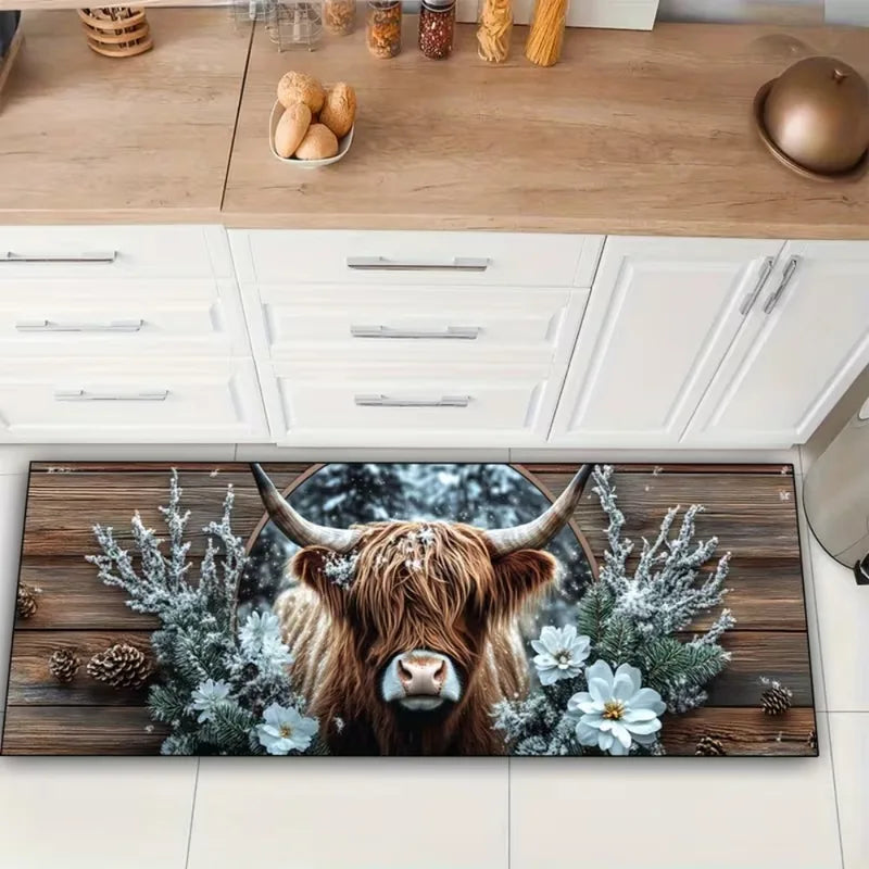 Highland Cow and Floral Pattern Non-Slip Kitchen Mat - Home Decor