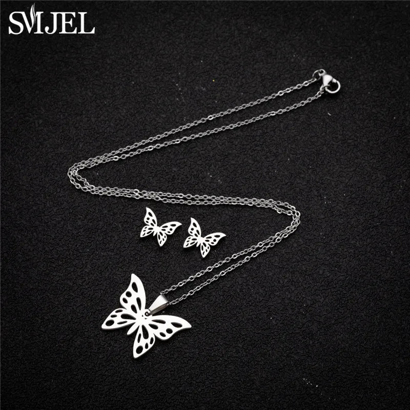 Korea Style Stainless Steel Jewelry Sets with Butterfly & Bee Pendants for Women Summer Beach Wedding Gift