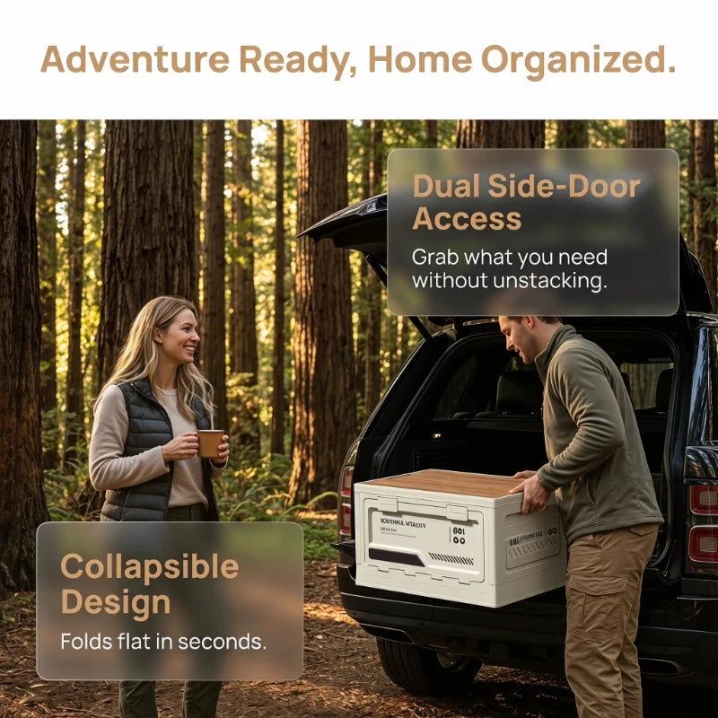 Folding Storage Box with Wooden Lid - Car Trunk Organizer, Home & Outdoor Use