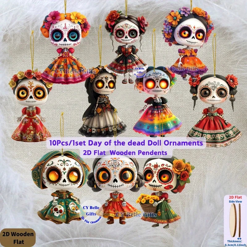 10Pcs Mini 2D Wooden Mexican Candy Doll Hanging Decorations for Halloween Day of The Dead Party Home DIY