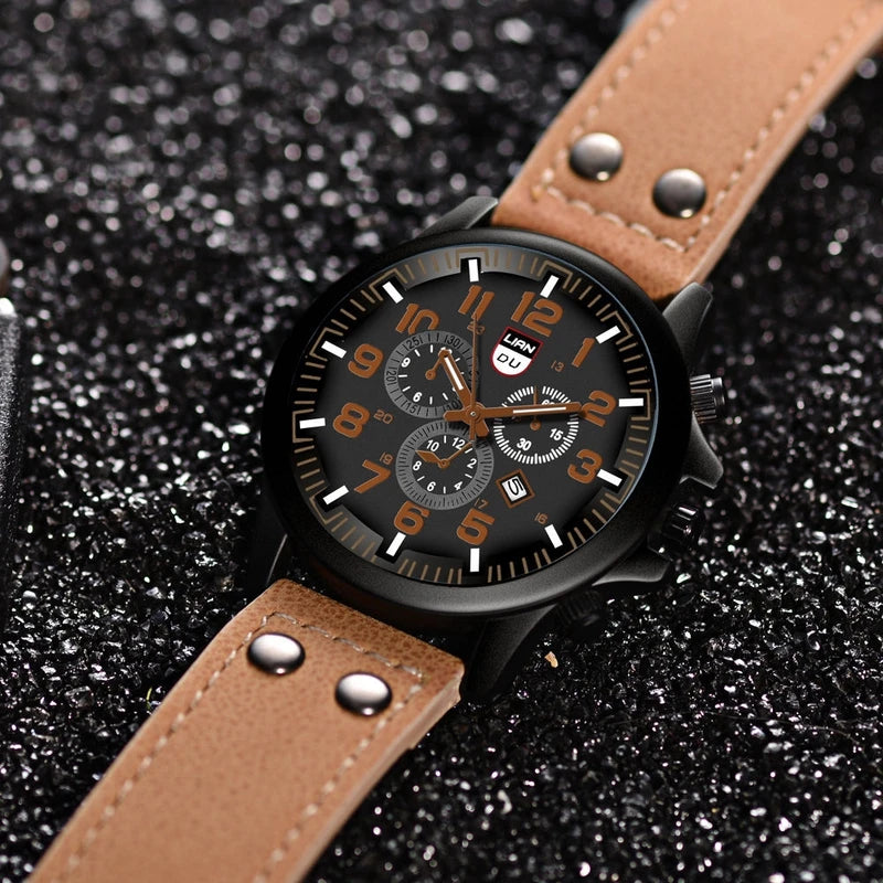 Men's Casual Leather Band Quartz Watch with Calendar - Multiple Colors