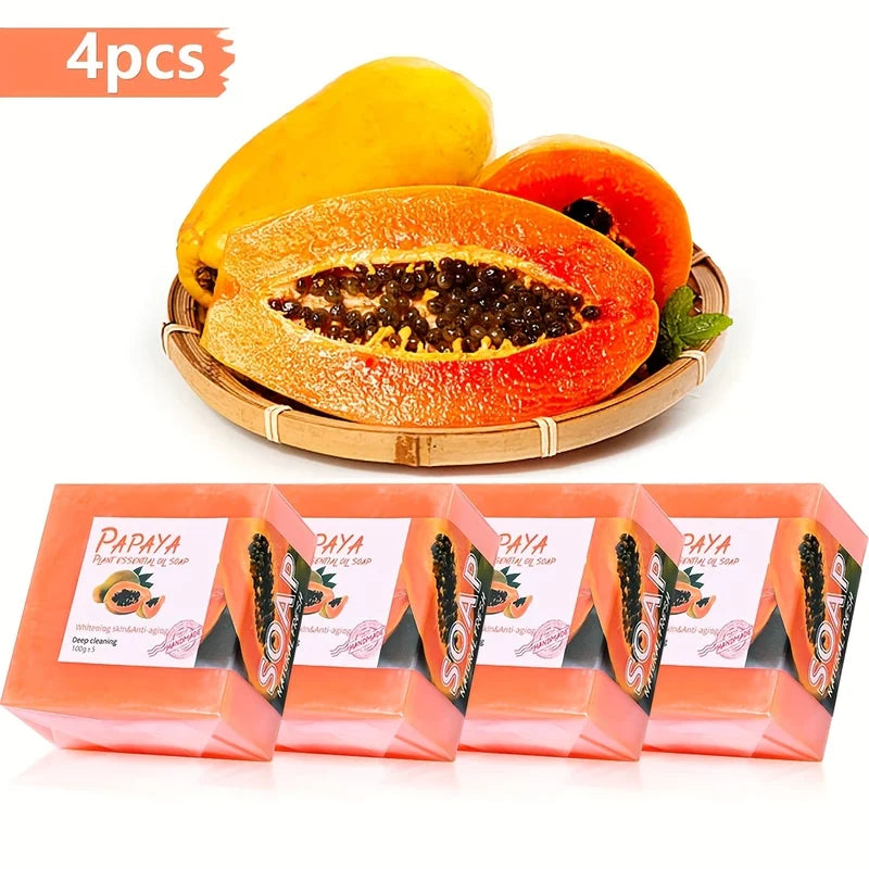Papaya Essential Oil Soap for Face Cleansing Hydrating Whitening Natural Pink Rose 4pcs