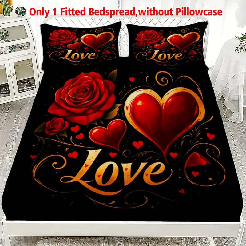 Romantic Red Roses & Love Text Print Fitted Sheet Deep Pocket Mattress Cover