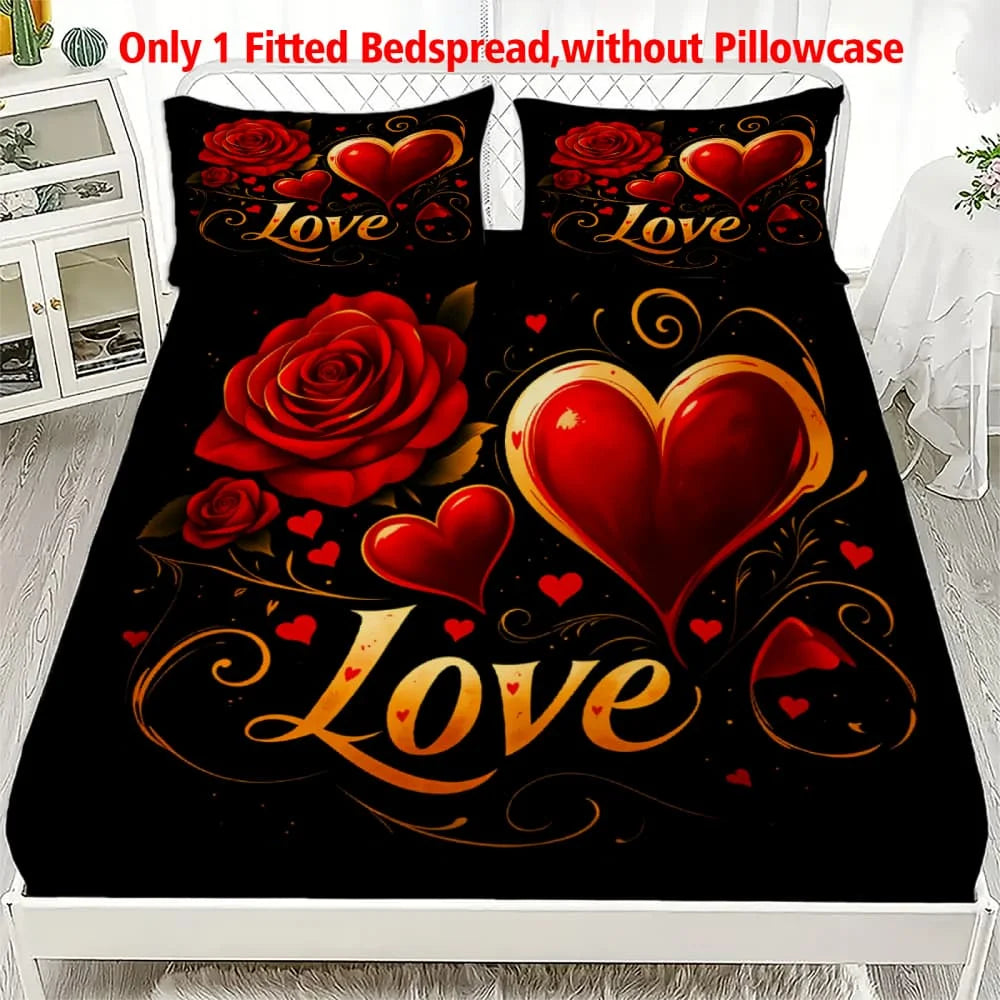 Romantic Red Roses & Love Text Print Fitted Sheet Deep Pocket Mattress Cover