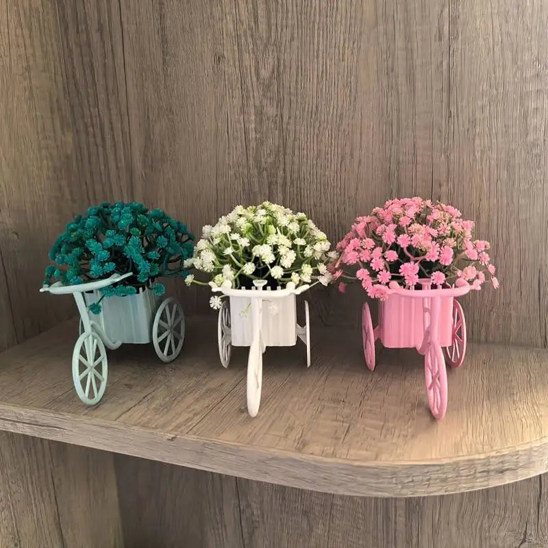 Modern Bicycle Flower Basket with Artificial Flowers for Home Decor - White, Blue, Pink