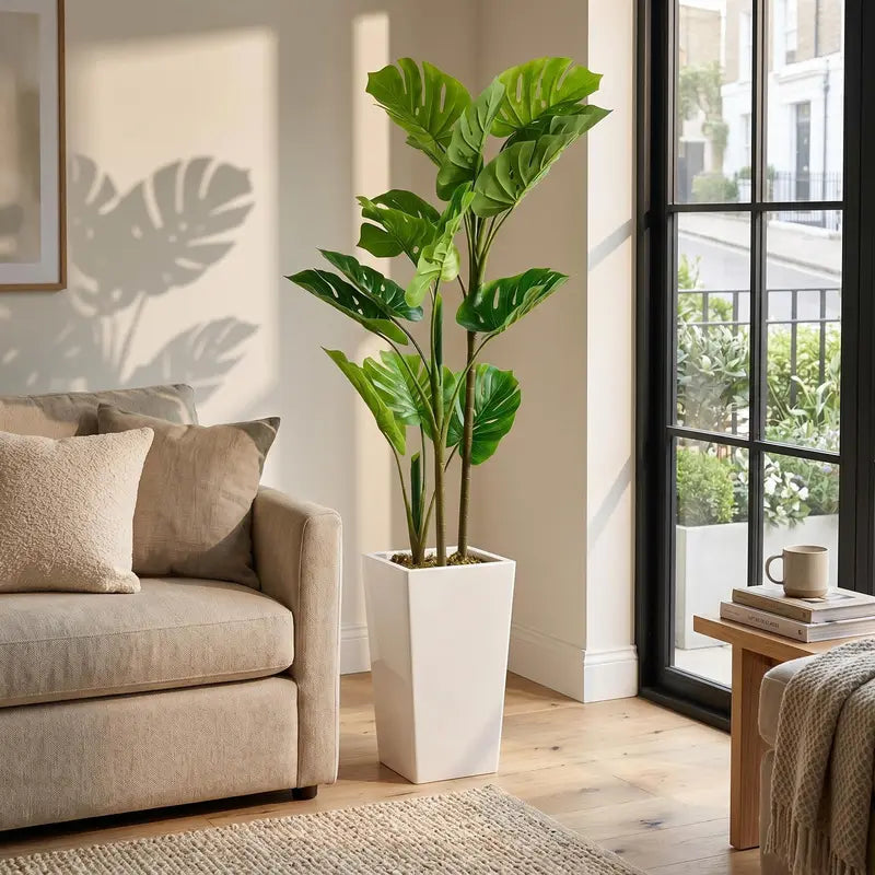 Artificial Monstera Tree with Tall White Planter - Indoor Faux Tropical Plant