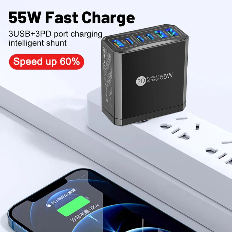 55W Multi-USB Fast Charging Travel Power Adapter with EU US UK AU Plugs