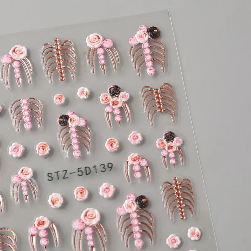Halloween 5D Embossed Skull Nail Stickers with Pink Roses and Gold Bones for Elegant Nail Art