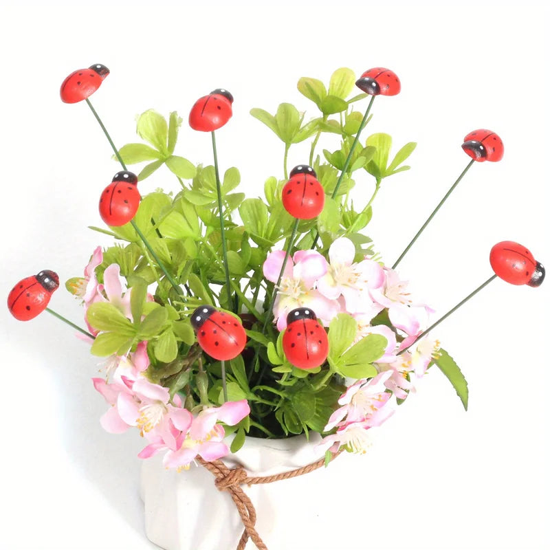 Wooden Ladybug Garden Stakes Set 10pcs Outdoor Yard Decor Easter Festival