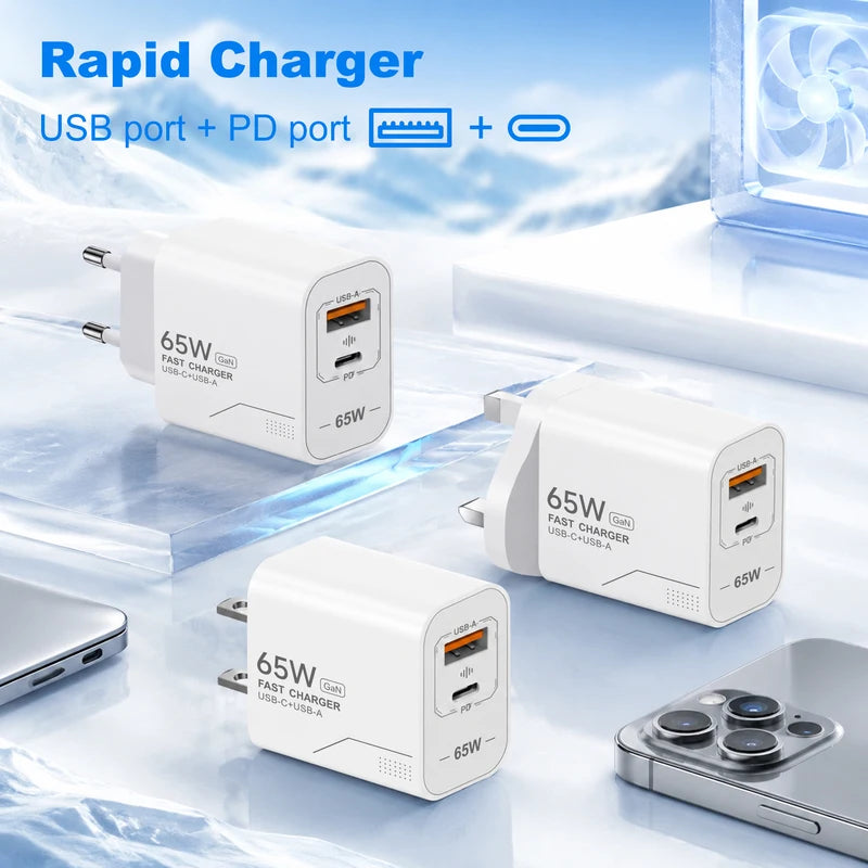 GaN Fast Charging 65W USB-C Wall Charger EU KR US PD 3.0 Quick Charge for Smartphones