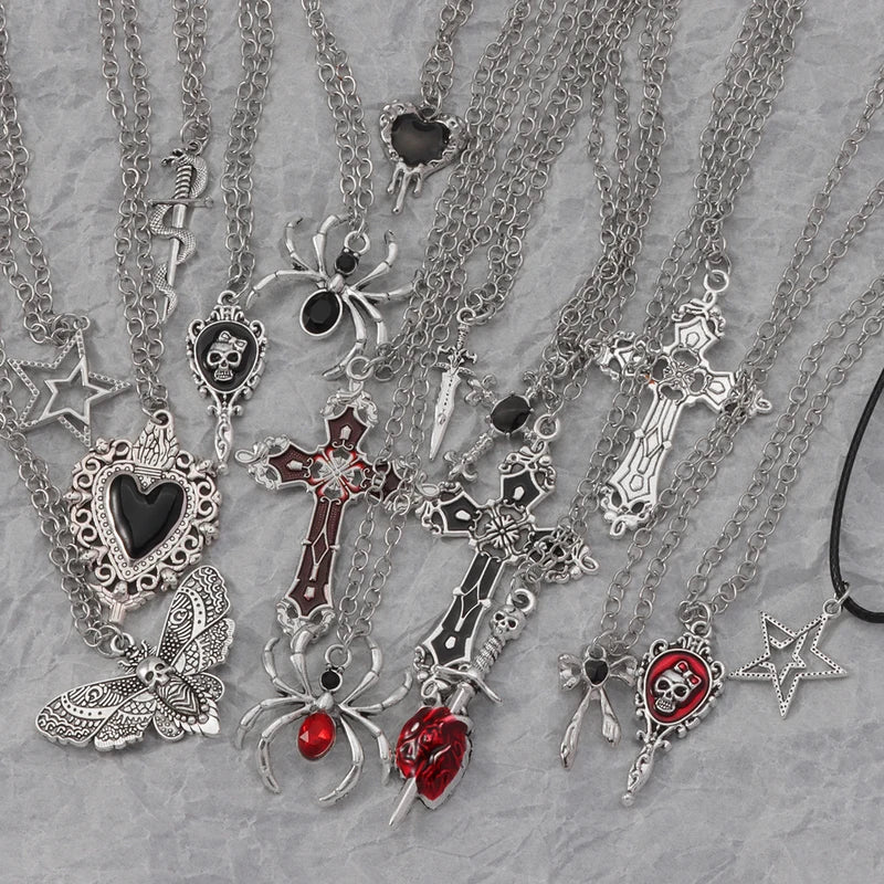 Gothic Cross Spider Skull Pendant Necklace Set for Men Women Streetwear Jewelry