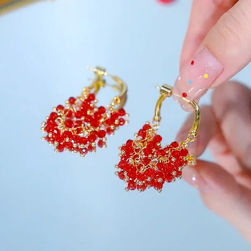 Light Luxury Red Crystal Beaded Pendant Earrings for Women - Unique Jewelry