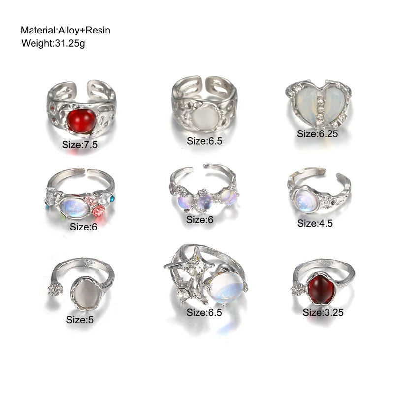 9pcs Y2K Crystal Heart Open Rings Set for Women Girls - Vintage Punk Jewelry