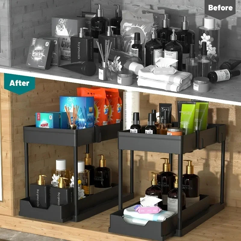 2-Tier Multi-Function Kitchen Sink Organizer with Sliding Drawers and Hooks