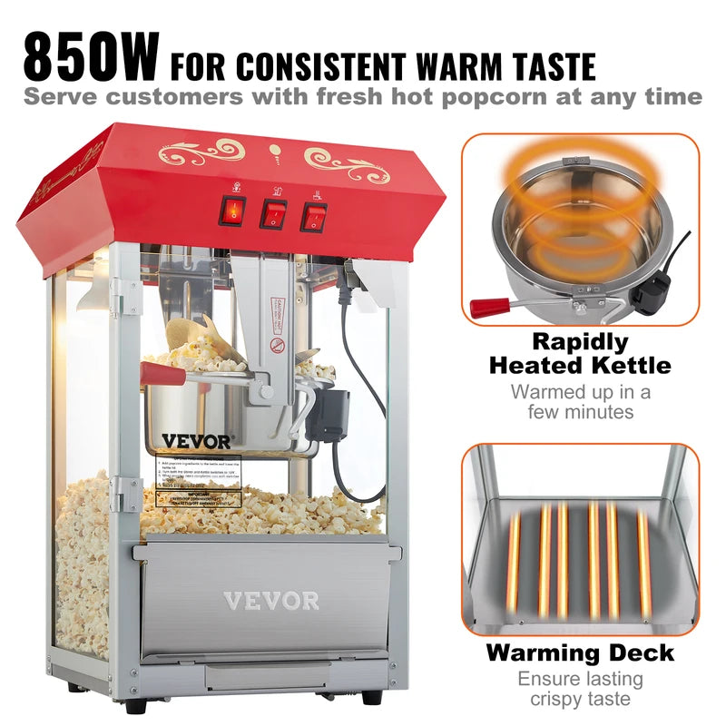 Commercial Electric Popcorn Maker 8/12 Oz with Scoop & SUS304 Heating Tube