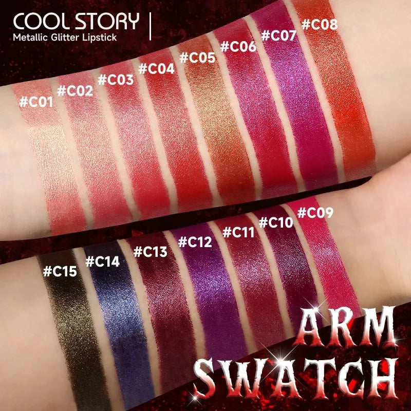 Metallic Lipstick Set - 15 High-Shine Glitter Lip Colors for Party & Costume Makeup