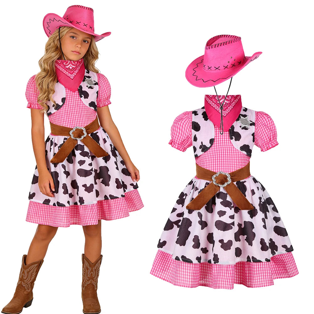 Girls Cowgirl Costume Dress with Cowboy Hat for Halloween and Parties