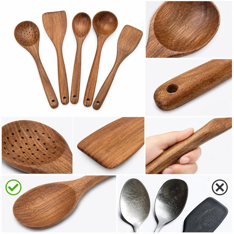 Wooden Kitchen Utensil Set 5 Pieces Food-Grade Non-Toxic Cooking Tools