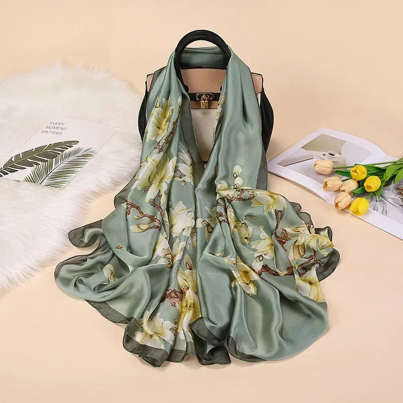 Silky Women's Scarf with Orchid Blossom Print - Lightweight Dressy Wrap for Evening Gowns