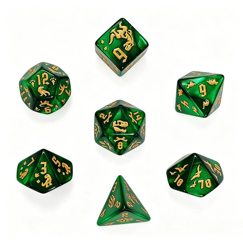 7-Piece Green Dinosaur Dice Set with Gold Skeleton & Footprint Symbols for RPG & D&D