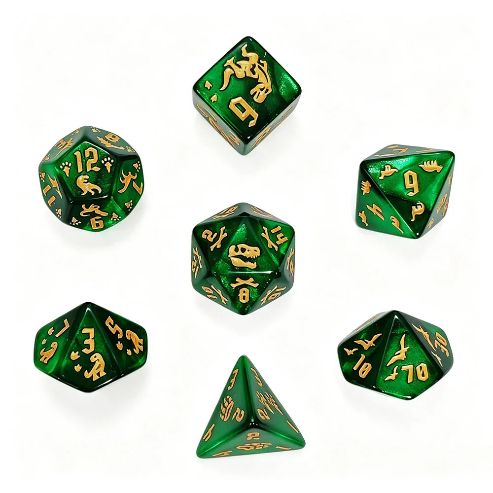 7-Piece Green Dinosaur Dice Set with Gold Skeleton & Footprint Symbols for RPG & D&D