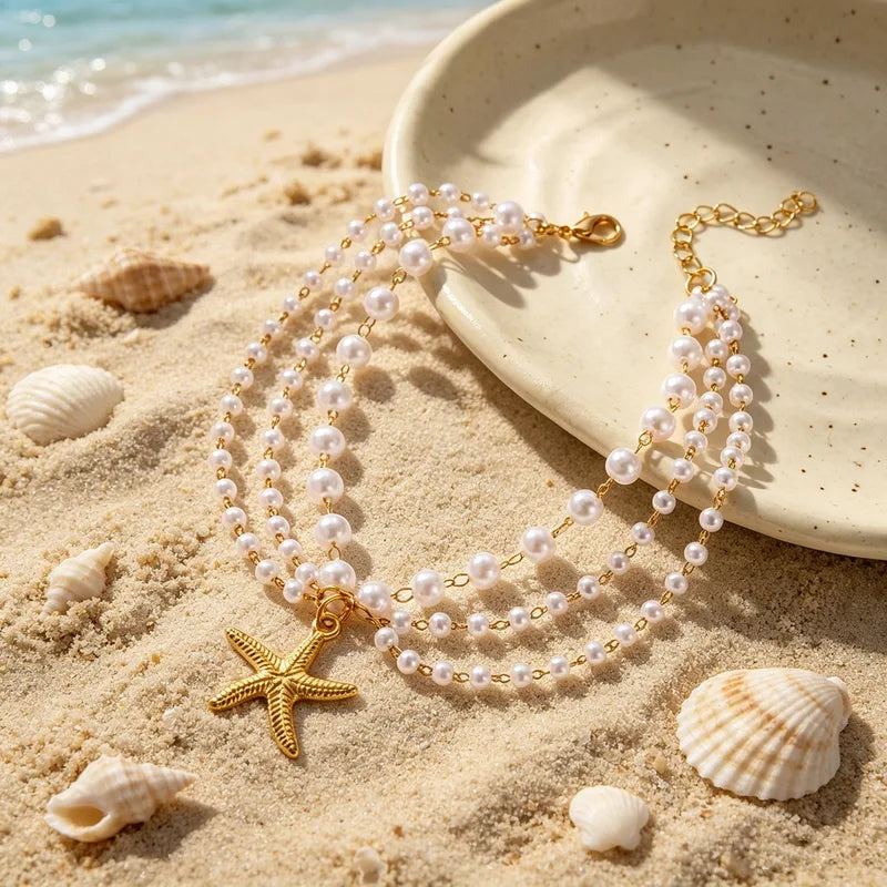 Multilayer Starfish Pearl Anklets for Women & Men Beach Boho Foot Jewelry