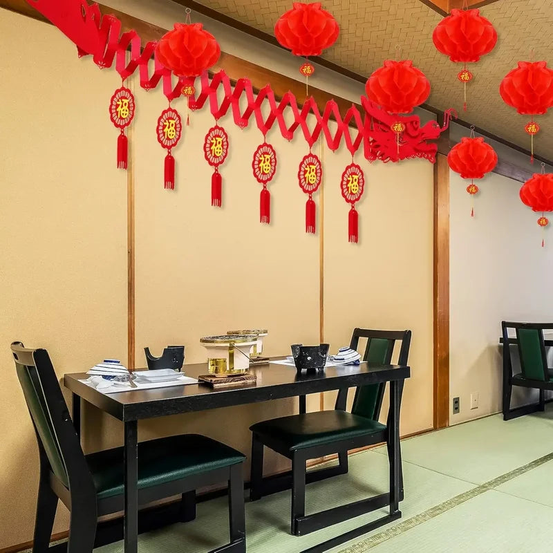 Chinese New Year Dragon Decorations with Paper Lanterns for Lunar Festival Celebration
