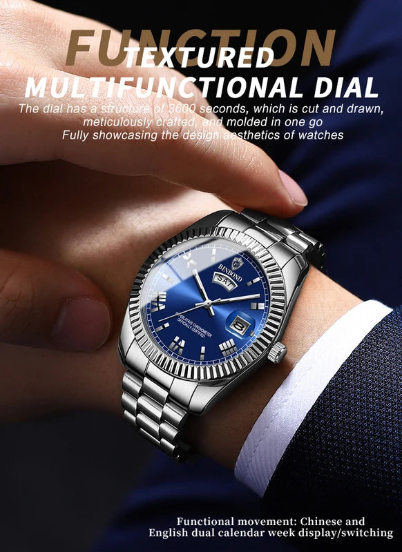 Mens Waterproof Quartz Watch with Luminous Dial and Calendar - Business Sports Style
