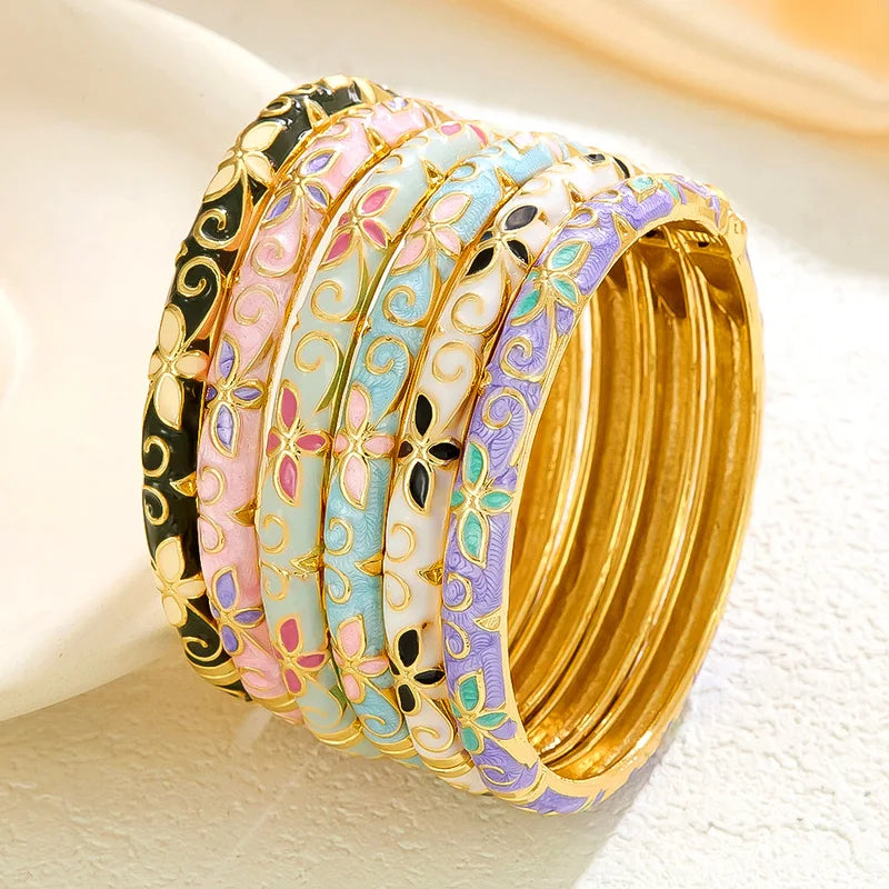 Colorful Enamel Flower Bangles for Women - Bohemian Style Minimalist Jewelry Gift