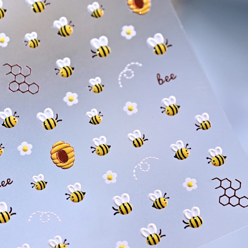 Cute Bee Daisy Flower Nail Art Stickers - 5D Embossed DIY Manicure Decals