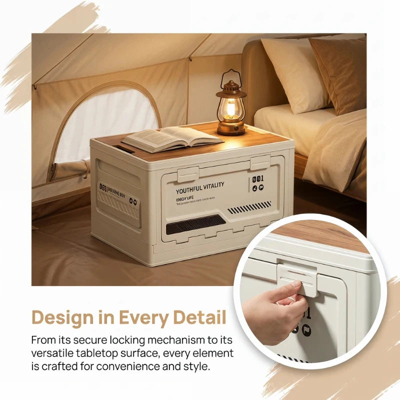Folding Storage Box with Wooden Lid - Car Trunk Organizer, Home & Outdoor Use