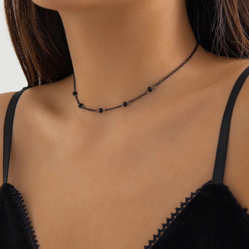 Minimalist Crystal Beads Necklace for Women Black Link Chain Choker Jewelry