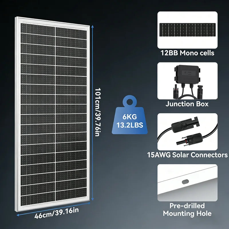 100W Monocrystalline Solar Panel for RV & Outdoor Use - High Efficiency
