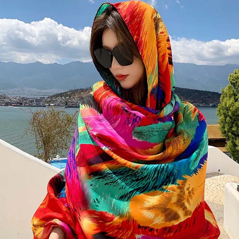 Breathable Silk Scarf Shawl Lightweight Ethnic Style Yarn Wrap for Beach & Casual Wear