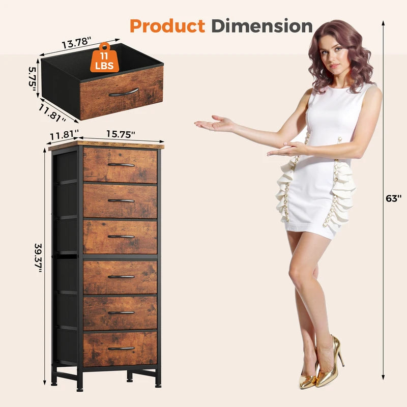 Tall Fabric Drawer Dresser with Wooden Top - Slim Storage Tower for Bedroom & Closet