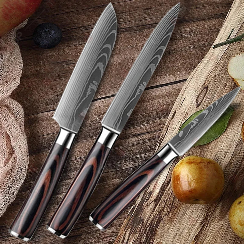 Kitchen Knife Set 1-3 Pcs Laser Damascus Santoku Cleaver Utility Chef Knives