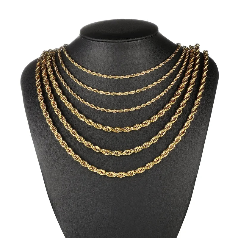 Gold Color Twisted Rope Chain Necklace Stainless Steel Waterproof Jewelry for Men Women