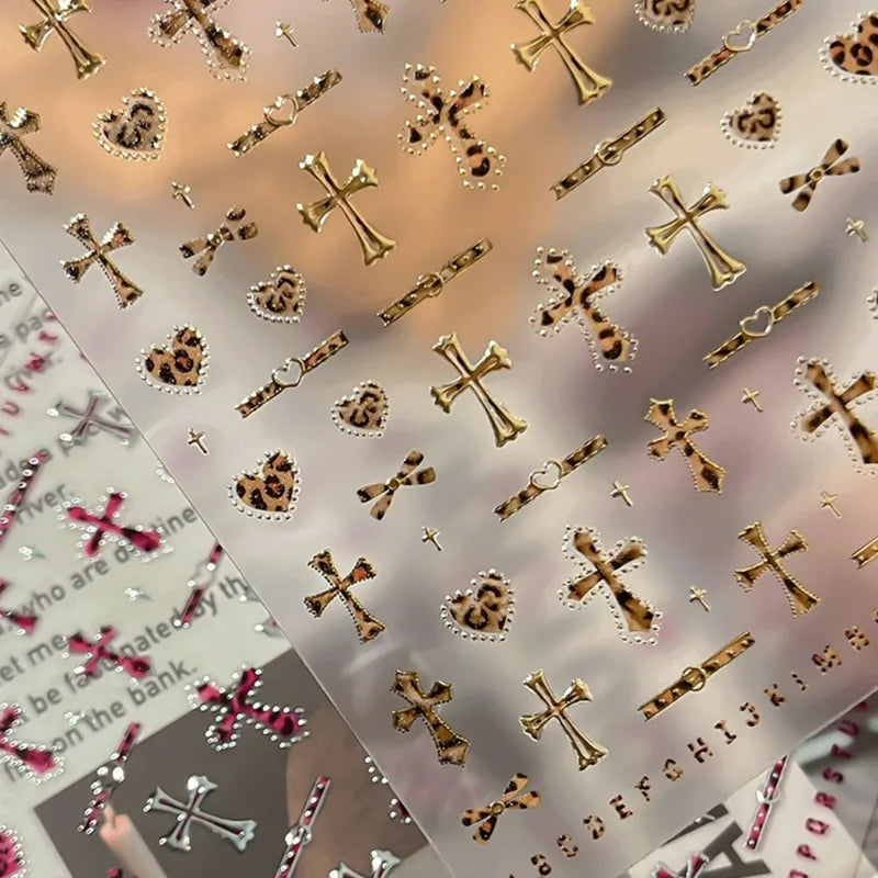 Leopard Cross Nail Stickers - Self-Adhesive Nail Art Decals for Manicure & DIY Crafts