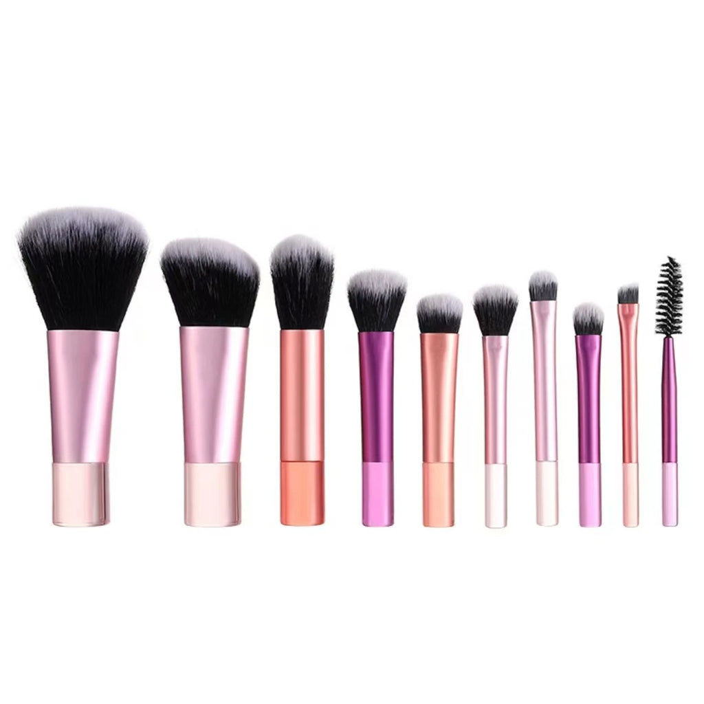 Mini Makeup Brush Set - 10-Piece Portable Face Brush Kit in Multiple Colors