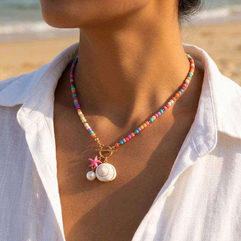 Colorful Ceramic Fish Starfish Beach Necklace for Women Ocean Vacation Jewelry