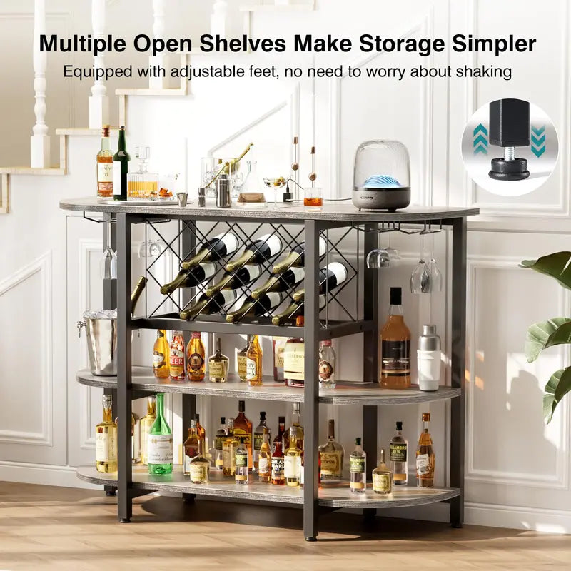 LED Home Bar Cabinet with Storage, Glass Holder & Wine Bottle Racks